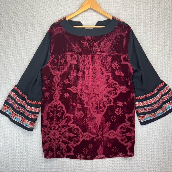 John Mark Red Velvet Embroidered Floral Tunic Flared Sleeves Aztec Boho Size XL - Picture 3 of 10